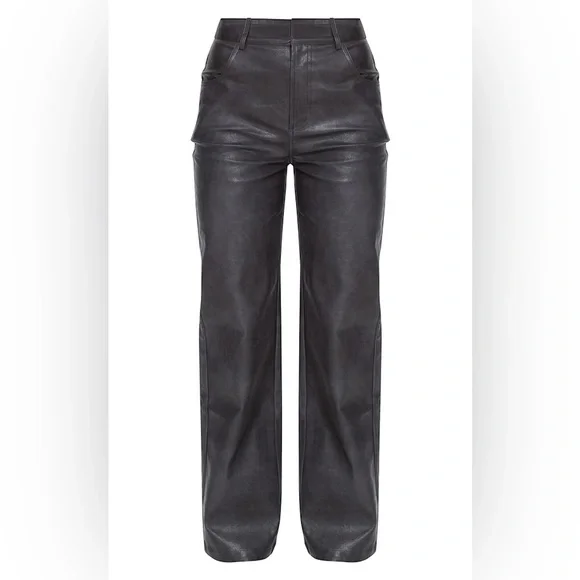 Pretty Little Thing Washed Black Faux Leather Straight Leg Trousers US 10 New - Picture 7 of 11